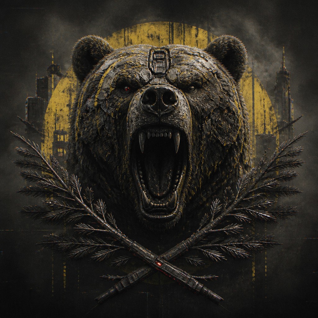 a roaring bear head above crossed pine branches, bold graphic composition on a plain background, no text