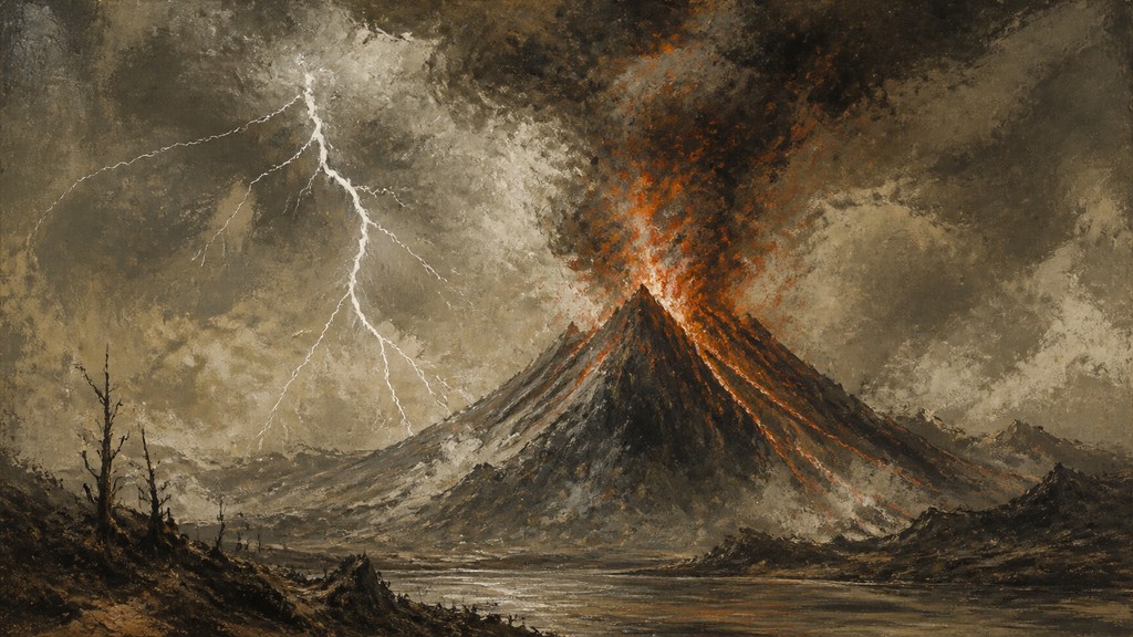 an erupting volcano with lightning strikes, dramatic wide composition, no text