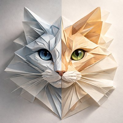 Low-poly geometric portrait of a cat's head facing slightly to the right, divided vertically down the center into two contrasting color halves. The left half features cool blue tones ranging from deep navy to light cyan in angular polygonal facets, with a large blue eye, black pupil, and subtle white highlight. The right half uses warm orange, brown, and golden yellow shades in similar triangular and polygonal shapes, with a vibrant green eye, black pupil, and white highlight. Thin white whiskers extend from the muzzle on both sides. Solid medium-gray background. Style: minimalist vector art, faceted like origami or crystal, high contrast, no outlines except subtle edges, symmetrical split for a duality theme.

