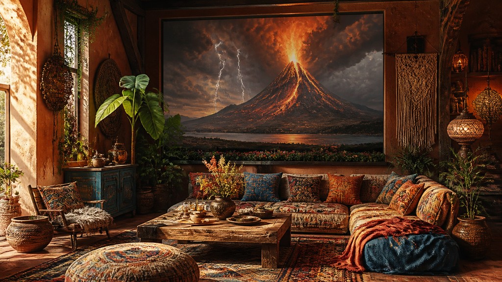 an erupting volcano with lightning strikes, dramatic wide composition, no text