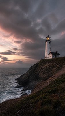 a lone lighthouse on a cliff at dusk under a dramatic sky, no text or lettering
