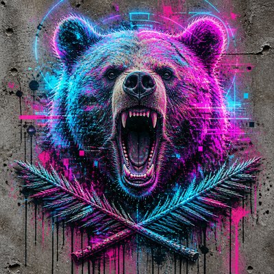 a roaring bear head above crossed pine branches, bold graphic composition on a plain background, no text