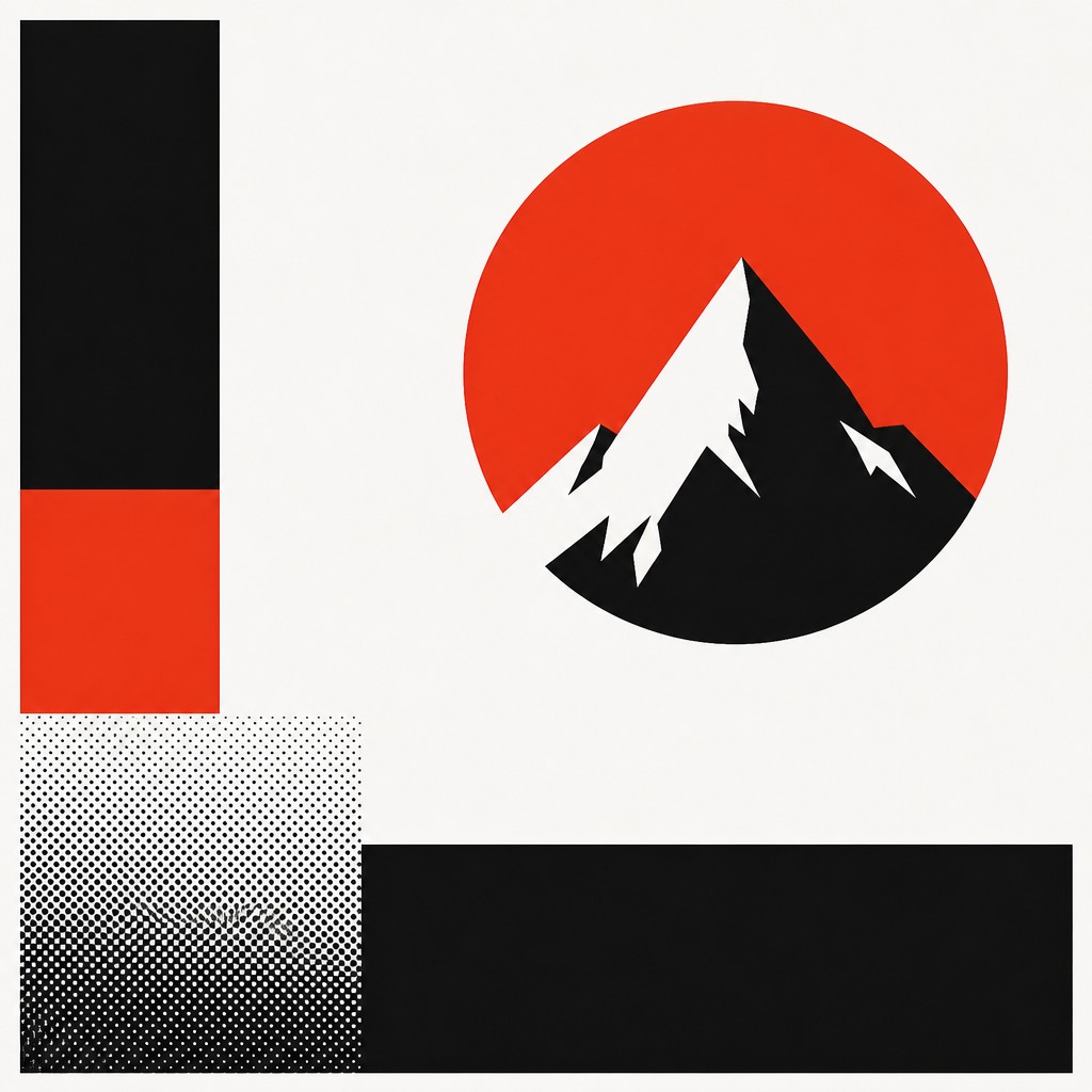 an emblem of a mountain peak inside a circle, simple bold shapes on a plain background, no text or lettering