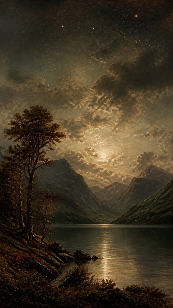 a tranquil mountain lake beneath a starry night sky, no people, no text