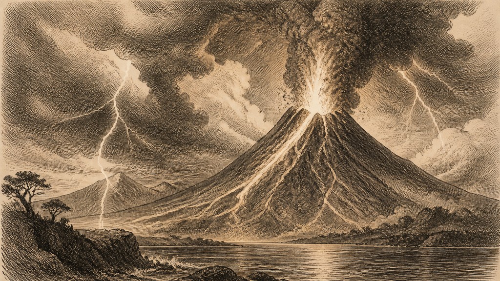 an erupting volcano with lightning strikes, dramatic wide composition, no text