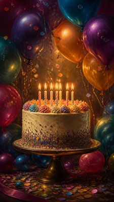 a birthday cake with lit candles surrounded by balloons and confetti, festive vertical composition, no text