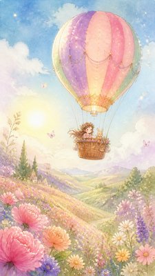 a hot air balloon drifting over rolling flower fields on a sunny day, cheerful, no text