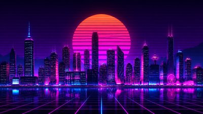 a city skyline panorama at dusk with glowing windows, no people