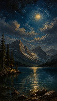 a tranquil mountain lake beneath a starry night sky, no people, no text