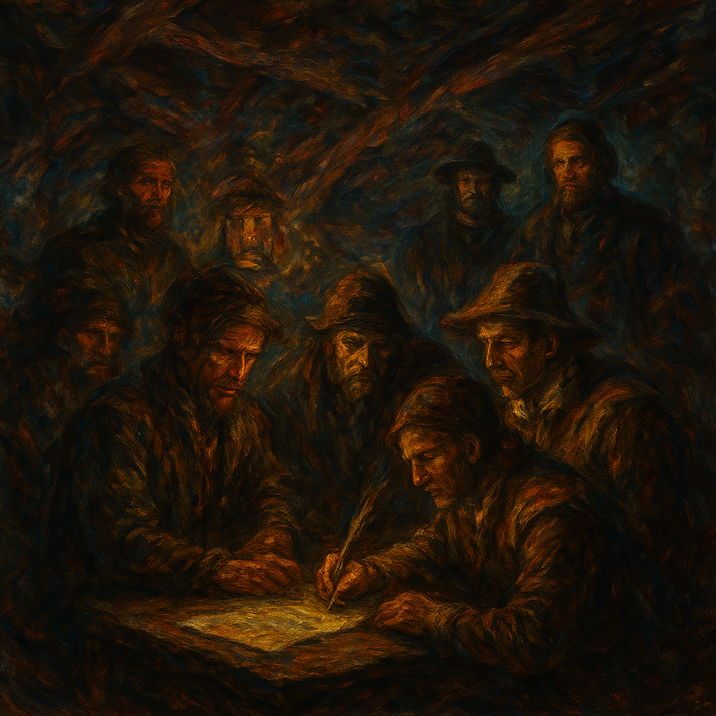 A historically accurate and atmospheric depiction of the signing of the Mayflower Compact aboard the ship in November 1620. The scene is set in the dimly lit, cramped cabin of the Mayflower, with the ship's timbers and rigging subtly visible, conveying the challenging conditions of the voyage. A simple table or chest serves as the signing surface. The primary focus is on a small group of the last individuals signing the document: specifically, the indentured servants (or 'strangers' not directly part of the Separatist congregation) approaching or at the table. Their expressions show a mix of weary determination, understanding of the necessity, and perhaps a hint of quiet apprehension or resignation to this new social contract, given their status. They are dressed in the plain, practical clothing typical of 17th-century commoners and laborers. Figures of prominent Pilgrims or 'Saints' (like William Bradford or John Carver) are visible in the background, observing the proceedings with a sense of gravity and leadership, but they are not the central focus. The lighting is low and warm, perhaps from a lantern, creating a chiaroscuro effect that highlights the faces of the signers. The atmosphere conveys the momentousness of the act under difficult circumstances, the diverse composition of the group, and the early seeds of self-governance in a new world. The artistic style is a realistic, historically detailed oil painting, capturing the solemnity and human element of this pivotal historical moment."