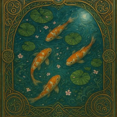 A koi pond seen from above, orange and white koi fish swimming among lily pads, clear water with subtle ripples, fallen cherry blossom petals floating on the surface, dappled sunlight