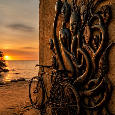 bicyle resting against a wall — Mozambican Art Style