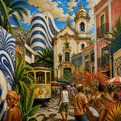 urban street with city activity — Brazilian Art Style