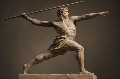 ancient greek athlete extending one-leg-back  and holding a javelin