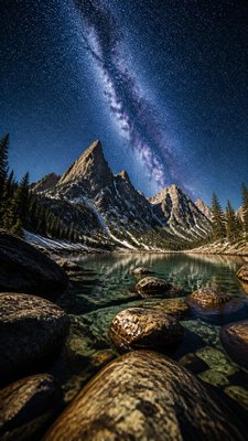 a tranquil mountain lake beneath a starry night sky, no people, no text