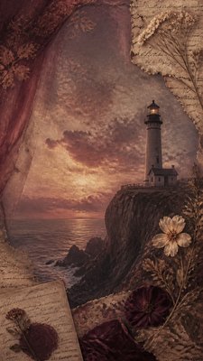 a lone lighthouse on a cliff at dusk under a dramatic sky, no text or lettering