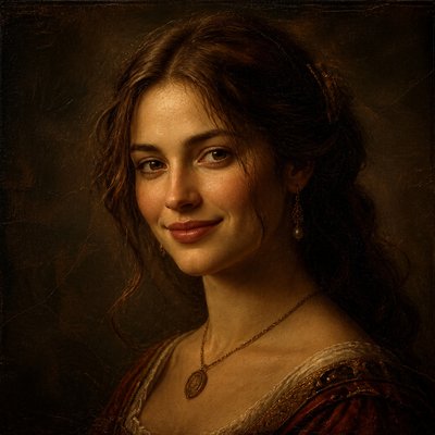 head-and-shoulders portrait of an original character: a young woman with wavy chestnut hair and a warm smile, plain soft backdrop