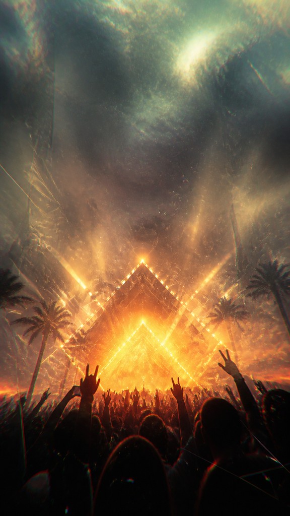 a live music scene with a glowing stage and silhouetted crowd, energetic vertical composition with open space at the top, no text