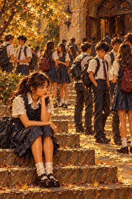 a painting of a young girl sitting on steps