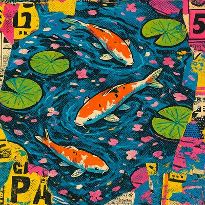 A koi pond seen from above, orange and white koi fish swimming among lily pads, clear water with subtle ripples, fallen cherry blossom petals floating on the surface, dappled sunlight