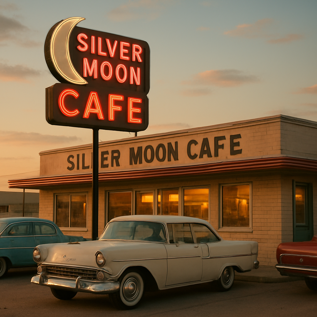 Generate a warm and inviting image of the Silver Moon Cafe in Santa Rosa, New Mexico, as it might have appeared in the 1950s or early 1960s. The focus should be on its classic diner exterior, featuring a prominent sign with its name. Show a few vintage cars from the era, such as a Chevrolet Bel Air or a Ford Fairlane, parked outside. The lighting should evoke a late afternoon or early evening glow, with a hint of warm light emanating from the cafe's windows. Capture the nostalgic, unpretentious atmosphere of a vital stop on Route 66, suggesting a place where travelers and locals alike would find comfort food and a friendly welcome. The style should be realistic but with a slightly enhanced, cinematic feel that highlights the retro charm