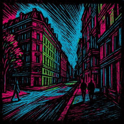 Neon Noir Woodcut Style Transfer Example