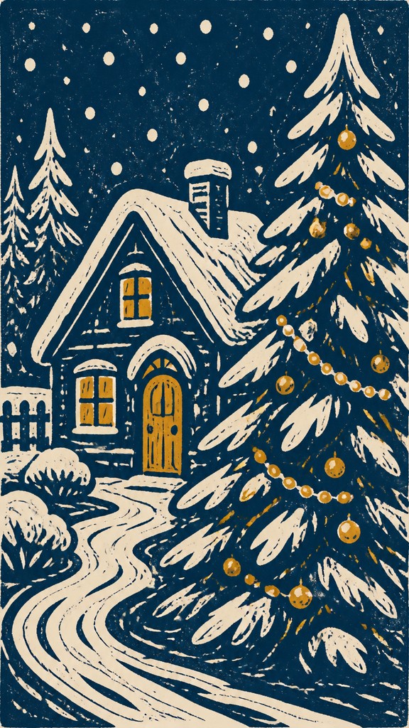 a snow-covered cottage with warm glowing windows beside a decorated pine tree, gentle snowfall, no text
