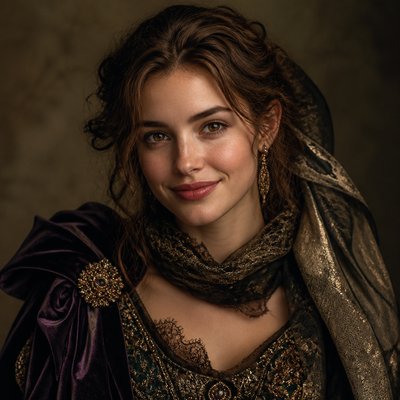 head-and-shoulders portrait of an original character: a young woman with wavy chestnut hair and a warm smile, plain soft backdrop