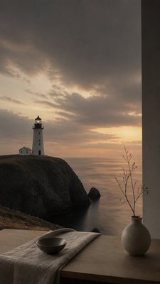 a lone lighthouse on a cliff at dusk under a dramatic sky, no text or lettering