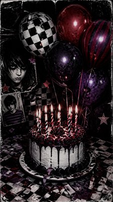 a birthday cake with lit candles surrounded by balloons and confetti, festive vertical composition, no text