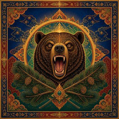 a roaring bear head above crossed pine branches, bold graphic composition on a plain background, no text