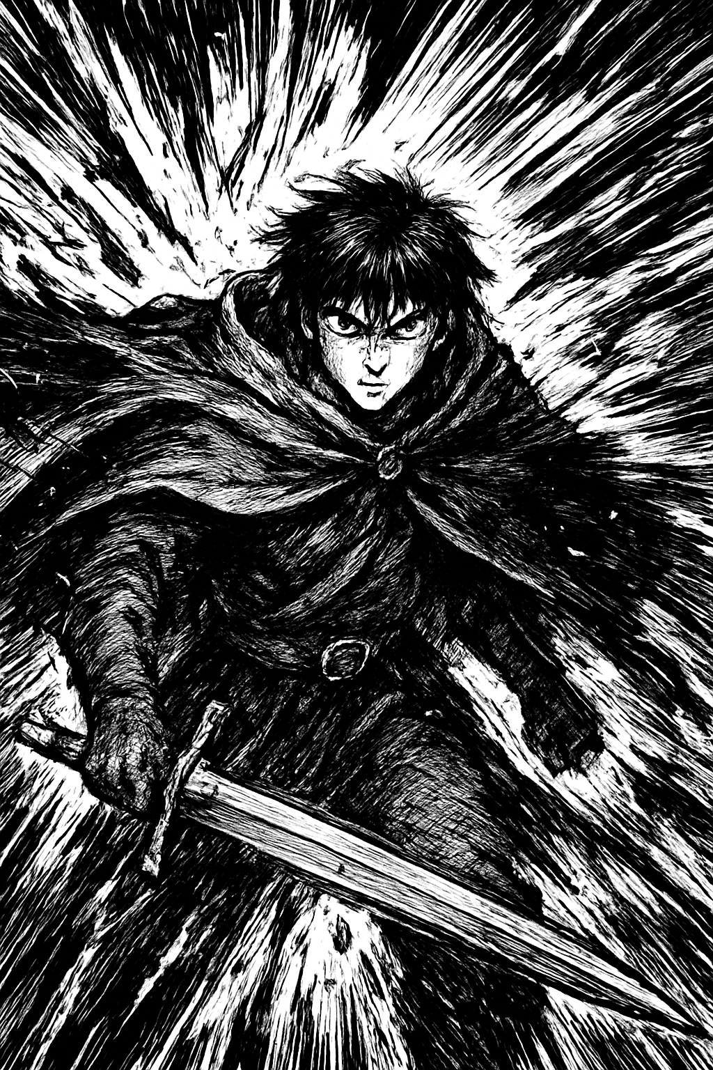 a black and white drawing of a man with a sword