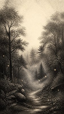 a mysterious forest path with fireflies and drifting mist, atmospheric vertical composition with open space at the top, no text