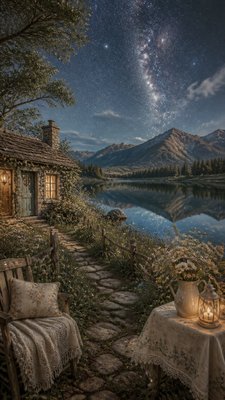a tranquil mountain lake beneath a starry night sky, no people, no text