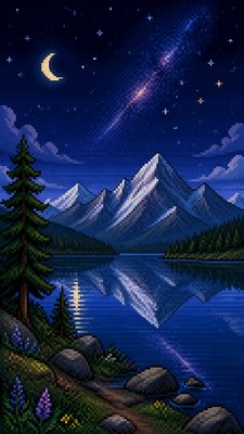 a tranquil mountain lake beneath a starry night sky, no people, no text