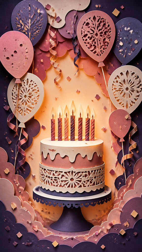 a birthday cake with lit candles surrounded by balloons and confetti, festive vertical composition, no text