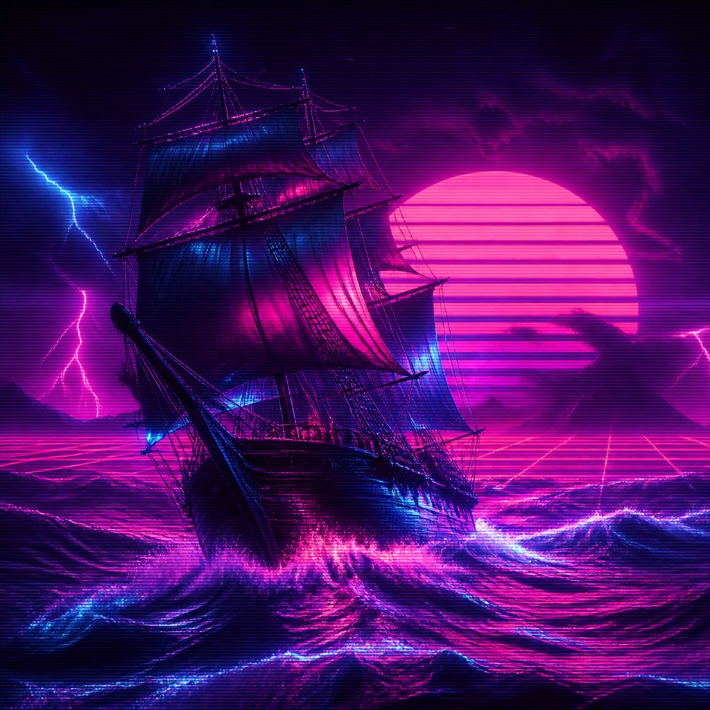 sailing ship on a stormy sea — Synthwave Aesthetic