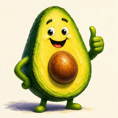 a happy avocado character giving a thumbs up, bold readable design on a plain background, no text