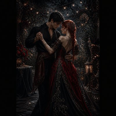 an original couple dancing under string lights in a garden at dusk: a man with short black hair in a linen shirt and a woman with braided red hair in a summer dress