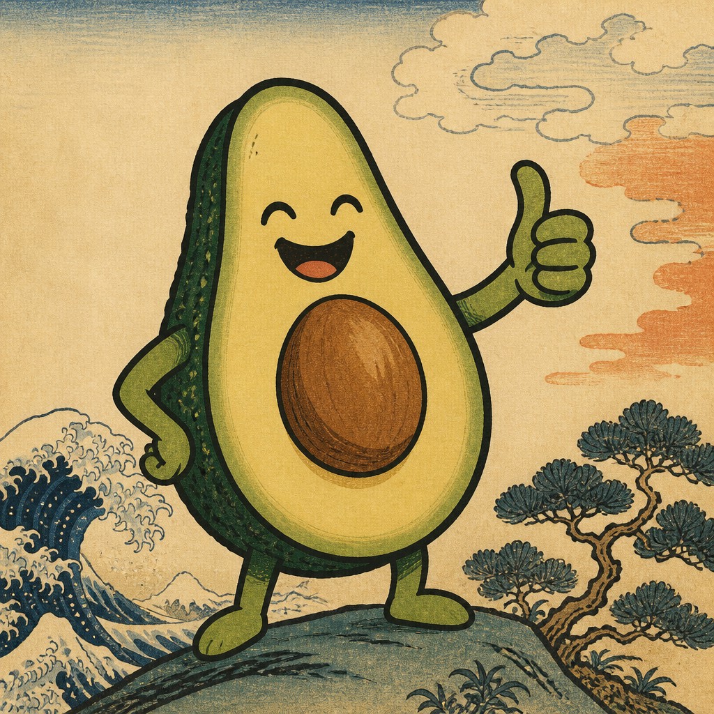 a happy avocado character giving a thumbs up, bold readable design on a plain background, no text