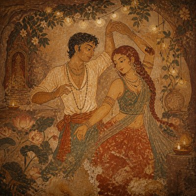 an original couple dancing under string lights in a garden at dusk: a man with short black hair in a linen shirt and a woman with braided red hair in a summer dress