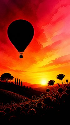 a hot air balloon drifting over rolling flower fields on a sunny day, cheerful, no text