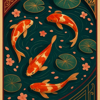 A koi pond seen from above, orange and white koi fish swimming among lily pads, clear water with subtle ripples, fallen cherry blossom petals floating on the surface, dappled sunlight