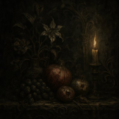 still life arrangement of fruits and flowers