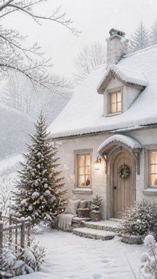 a snow-covered cottage with warm glowing windows beside a decorated pine tree, gentle snowfall, no text