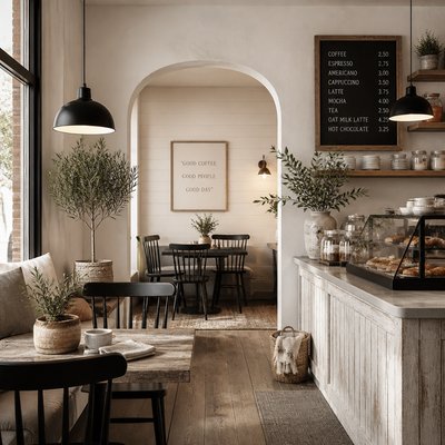 cozy cafe interior with warm lighting