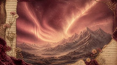 a flowing aurora over snowy peaks, wide sweeping composition, no people, no text