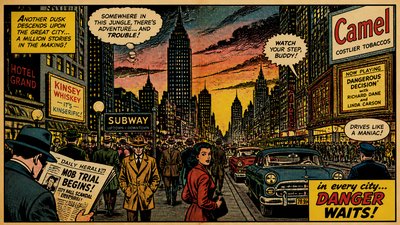 bustling city street panorama at dusk