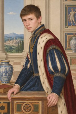 a painting of a young man in a blue and white outfit