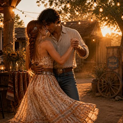 an original couple dancing under string lights in a garden at dusk: a man with short black hair in a linen shirt and a woman with braided red hair in a summer dress